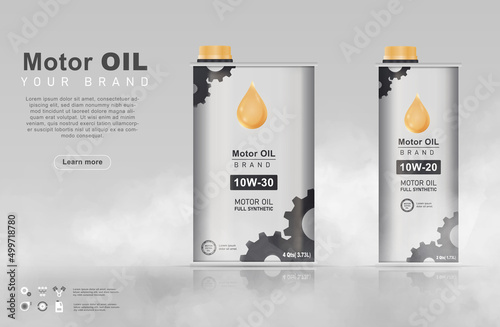 Banner with bottles of engine oil. Stylish poster with two gray metal oil cans for motor car piston lubrication. Packaging for automobile maintenance product. Realistic 3D vector illustration