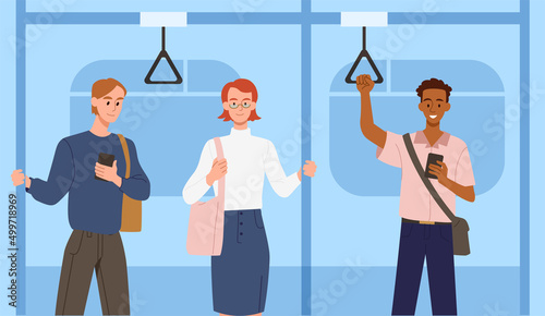 People in metro concept. Young men and women travel to work or university by underground train. Public vehicle or subway. Smiling characters hold on to handrails. Cartoon flat vector illustration photo