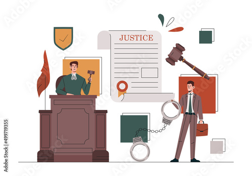 Law and Justice Concept. Smiling judge with hammer in his hands or lawyer with handcuffs for criminal or prisoner. Compliance with rights and laws of state. Cartoon modern flat vector illustration