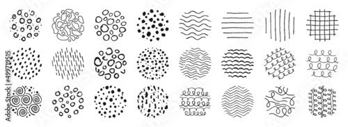 Round pattern doodle shapes abstract background set. Brush hand drawn texture shapes, curves line, spots, sketch drops. Design elements modern trendy silhouette form, stripes, stamp printing vector