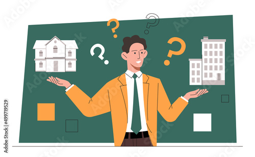 Concept of business in real estate. Young male entrepreneur holds different houses in his hands and makes choice. Buying, renting or mortgaging apartment. Cartoon modern flat vector illustration