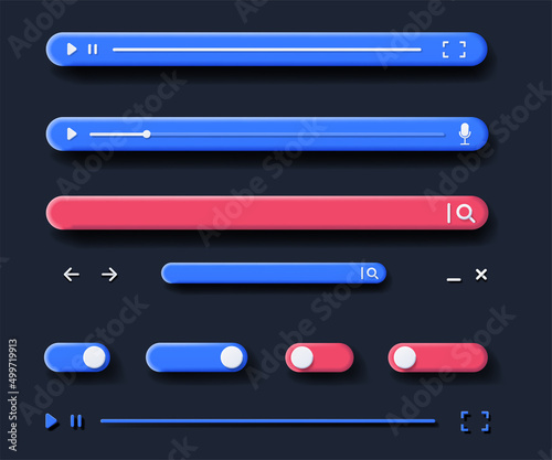 3D interface elements application. Collection of caps for player, watching videos or listening to music. Multimedia and interesting content. Cartoon vector illustrations isolated on black background