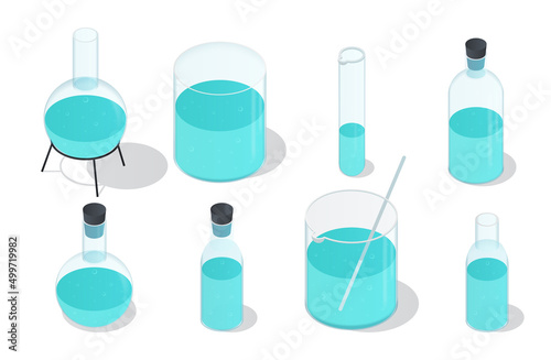 Chemical bottles set. Collection of images with vessels for chemical laboratory. Reagents and chemical experiments, substances. Cartoon isometric vector illustrations isolated on white background