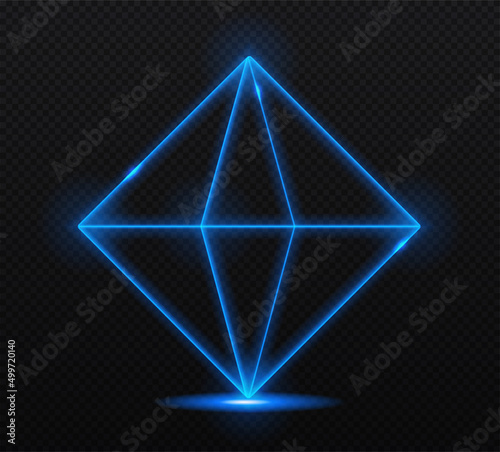 Neon blue octahedron. Geometric volumetric figures, diamond or brilliant. Luxury elements, stylish logo for nightclub. Realistic 3D vector illustration isolated on black transparent background