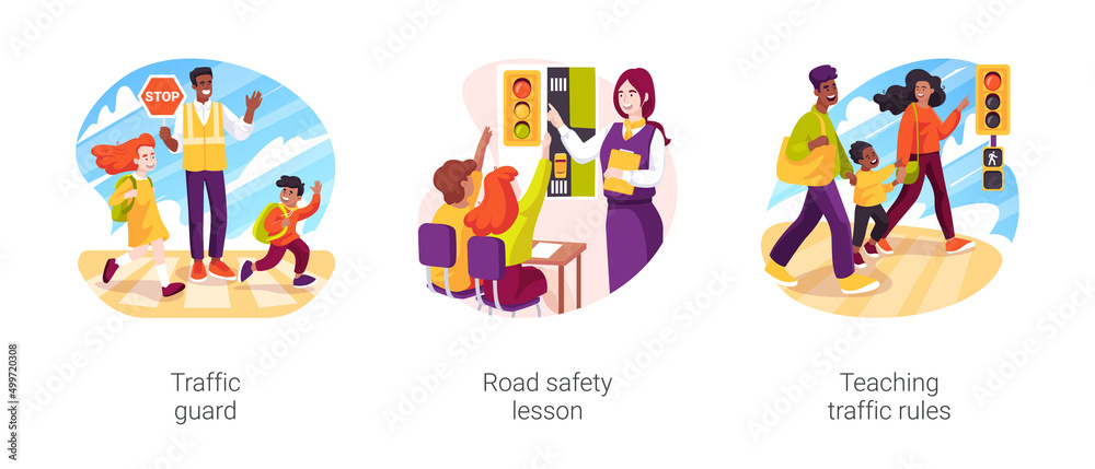 Students road safety isolated cartoon vector illustration set