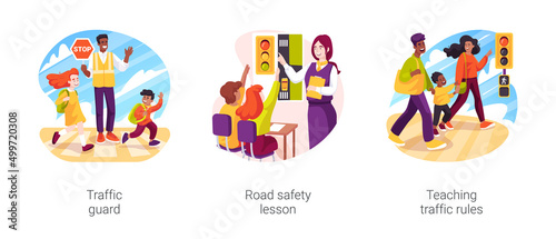 Students road safety isolated cartoon vector illustration set