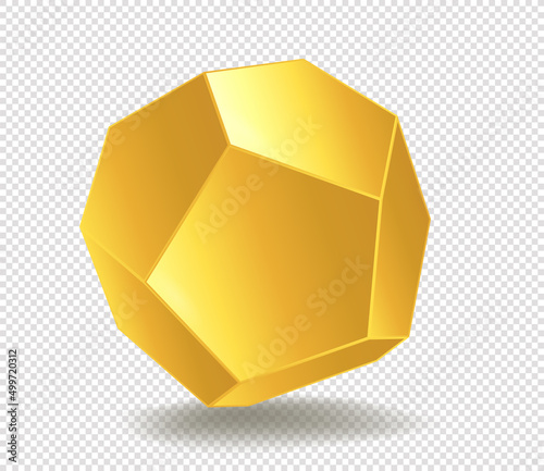 Golden figure dodecahedron. Render of object, training and construction. Graphic elements for animation. Polygonal model for video games on transparent background. Realistic vector illustration