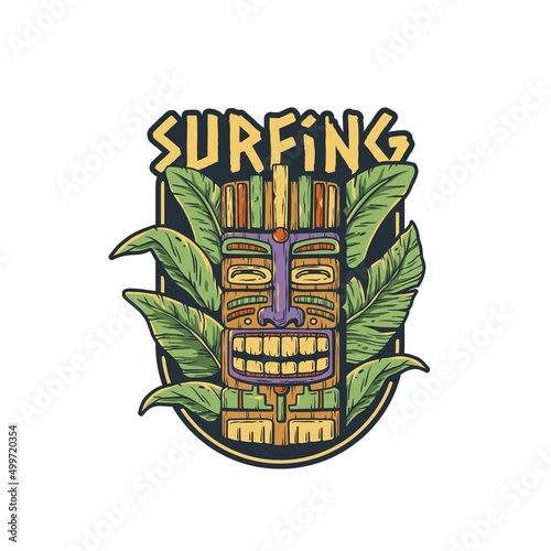 Surfing surfer and tiki mask with tropical leavs for hawaii beach. Exotic mask for summer prints or tiki bar
