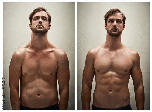Rebuilding his body. Before and after studio shot of a shirtless young man working on his physique. photo