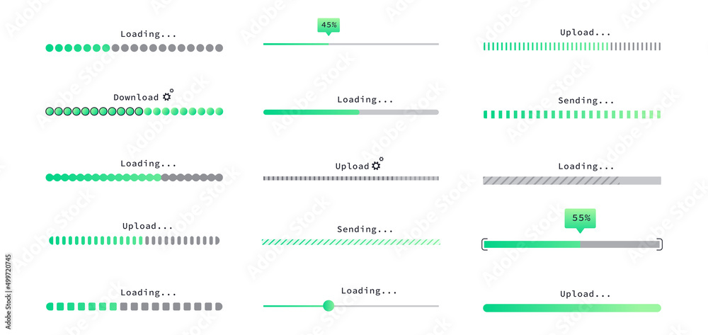 Progress loading bar set. Collection of elements for games. Interface of programs and applications, software development, loading. Cartoon flat vector illustrations isolated on white background