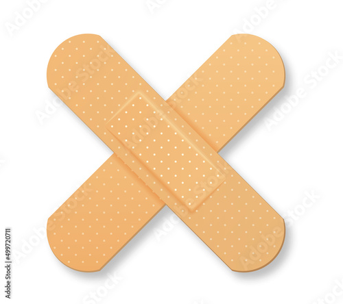 Set of plaster. Bandage cross, sticker for social networks and icon for site. Treatment of open wounds and protection against infections. Cartoon flat vector illustrations isolated on white background