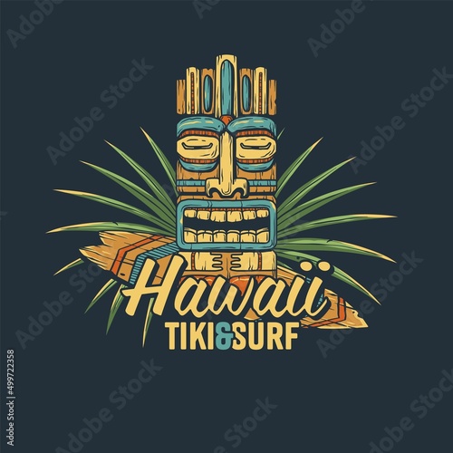 Surfing vector and hawaii tiki mask with surf and tropical leavs for tropic beach. Exotic mask and surfboard for summer prints or tiki bar