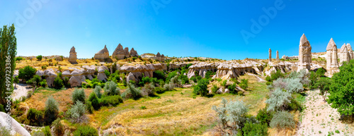 Panoramic view of Cappadocia in summer. Travel to Goreme background