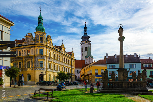 Typical narrow streets of czech city of Pisek in sunny autumn day. Czech Republic