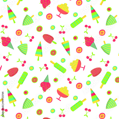 Summer seamless pattern with ice cream,fruits,berries. Colorful desserts, oranges,lemons, limes, cherries with leaves. Wrapping paper, fabric, background design. Children clothes, pajamas textile 