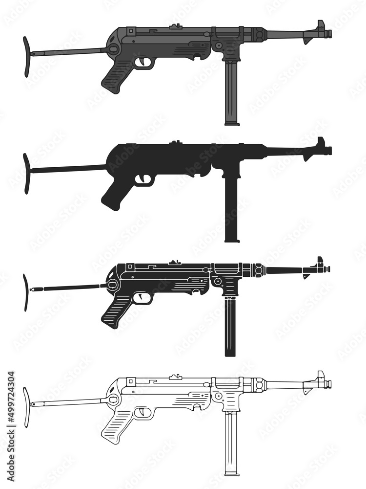 German WW2 Submachine gun MP 40. Vector illustration set