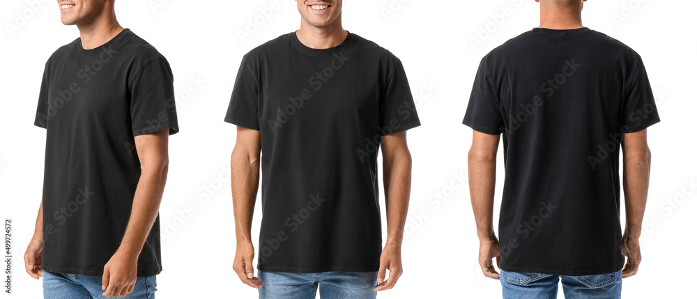 Set of young man in black t-shirt on white background. Mockup for design - obrazy, fototapety, plakaty 