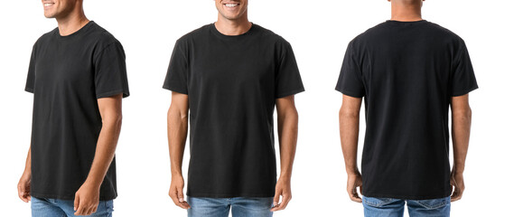 Set of young man in black t-shirt on white background. Mockup for design