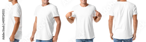 Set of young man in modern t-shirt on white background. Mockup for design