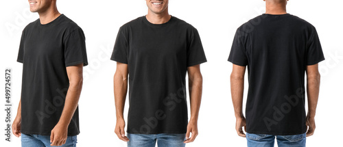 Set of young man in black t-shirt on white background. Mockup for design photo