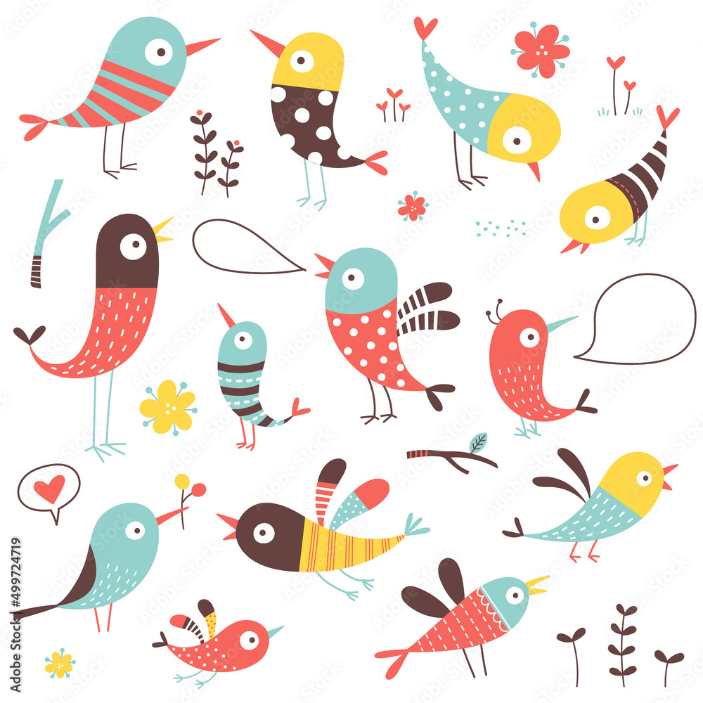 Obraz premium Set of cute and whimsical birds illustrations