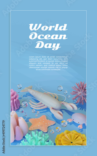 World Ocean Day Poster Template With Lobster 3D Illustration