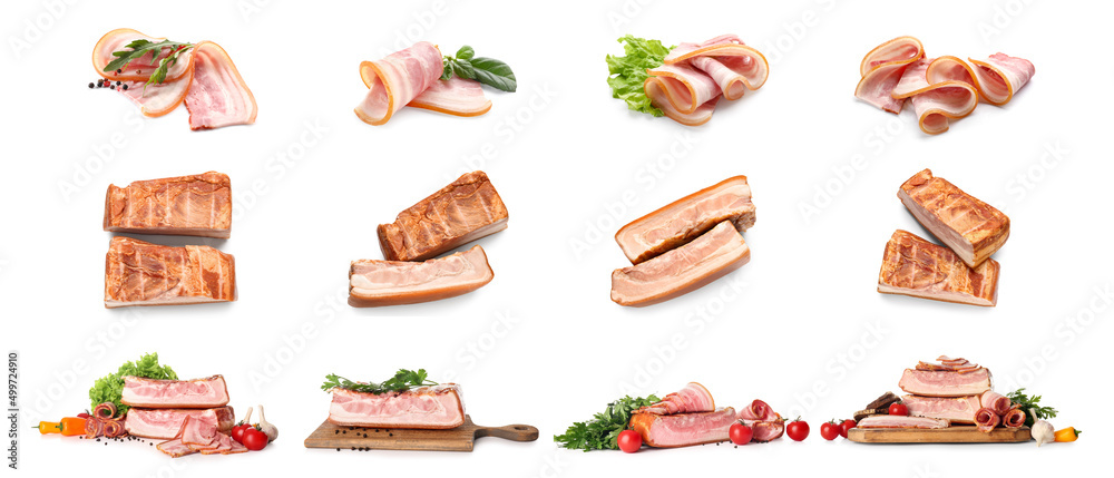 Tasty smoked bacon with spices, herbs and vegetables on white background