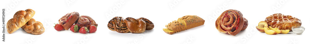 Fototapeta premium Set of tasty fresh bakery on white background