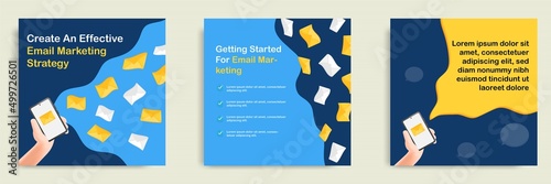 3D cartoon style. Social media informative email marketing strategy tips post banner template layout design. Hand holding smart phone sending mail blast