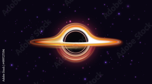 Black hole with singularity in dark space with stars vector illustration. Abstract cosmic explosion in galaxy with vortex circle light effect, magic shine of swirl galactic wormhole background photo