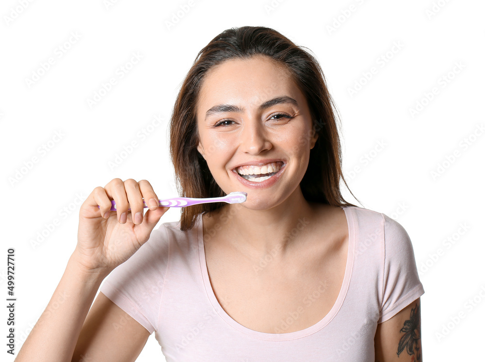 Pretty young woman with toothpaste on white background Pretty young woman with toothpaste on white background