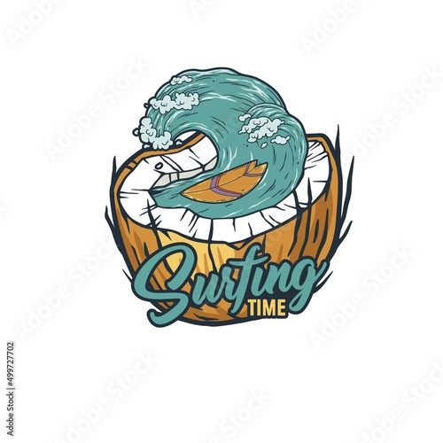 Sticker Surfing wave with coconut and surf for summer print