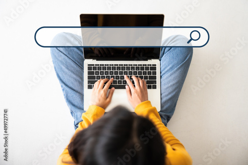 Top view of women use computer laptop to find what they are interested in. Searching information data on internet networking concept