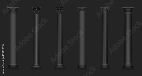 3d realistic antique classic architecture design black color columns isolated on dark background vector illustrations set