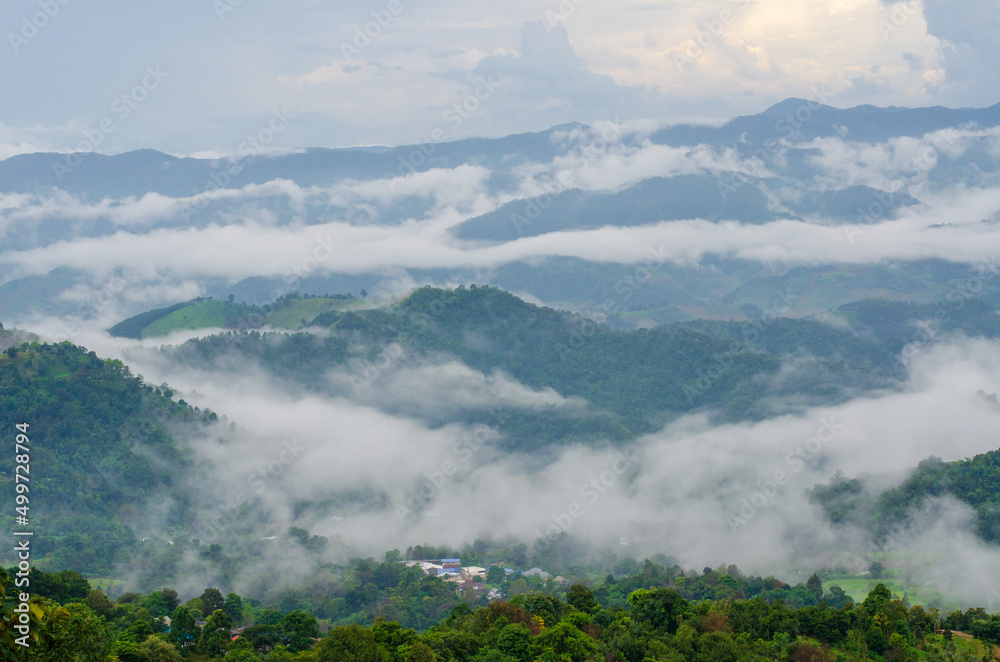 Landscape green mountains forest with rain fog at Doi Chang, Chiang Rai Thailand