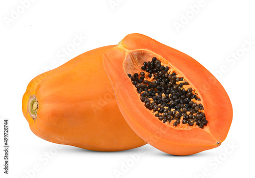 half of ripe papaya fruit with seeds isolated on white background. full depth of field