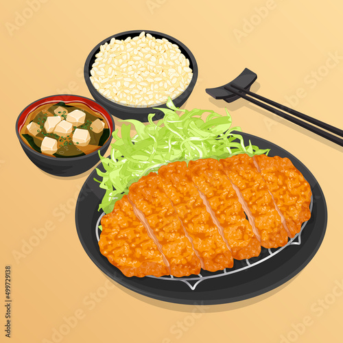 Japanese tonkatsu fried pork cutlet recipe illustration vector.