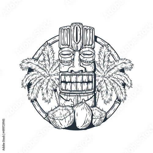 Tiki mask and tropical fruits. Exotic palm and coconut for summer hawaiian tiki bar or tropic beach