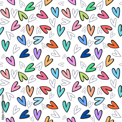 Seamless pattern design with colorful hearts in boho style. Vector romantic background.