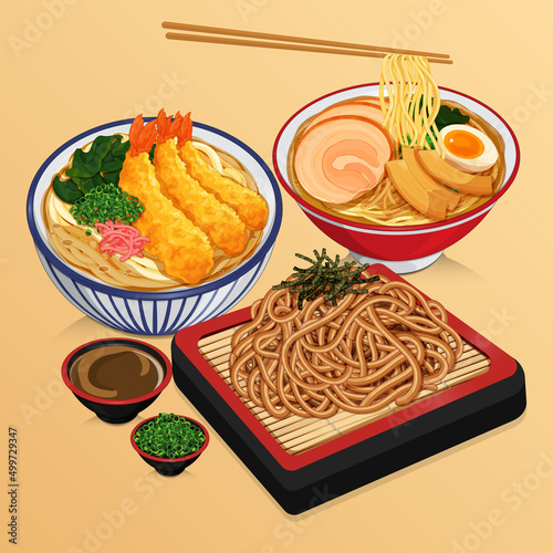 Japanese noodles set menu illustration vector.
(Ramen, Udon and Soba)