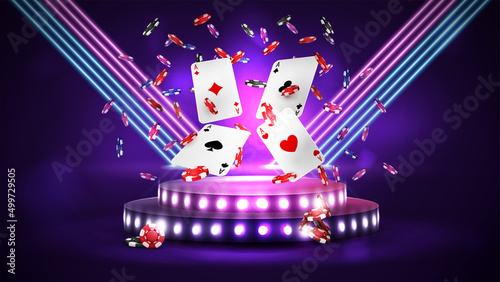 Online casino, banner with podium with Casino playing cards and poker chips in purple scene with diagonal pink and blue line neon lamps on background.