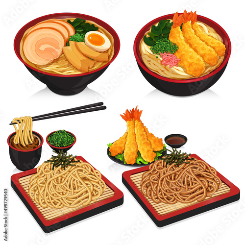 Japanese noodles set menu isolated illustration vector.
(Ramen, Udon and Soba)