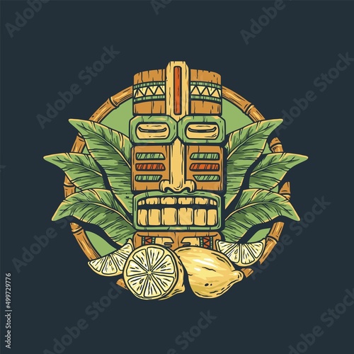 Tiki mask and tropical fruits. Exotic leaves and lemon for summer hawaiian tiki bar or tropic beach