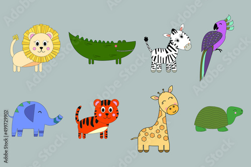 Cute cartoon African animals. Set of lion  elephant  crocodile  tiger  zebra  giraffe  parrot  turtle.