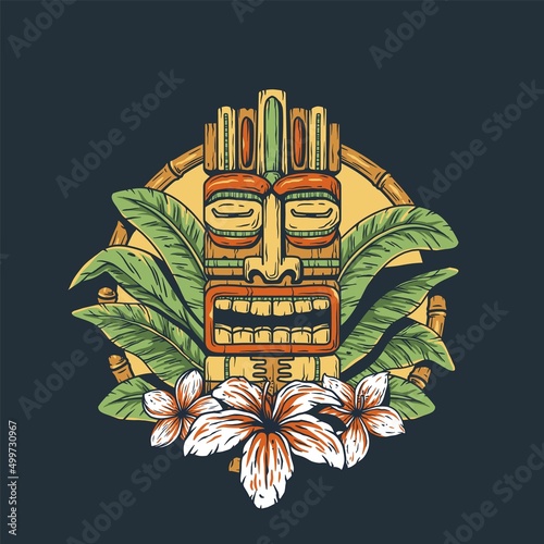 Tiki mask with tropical leaves and exotic flowers for summer hawaiian tiki bar or tropic beach