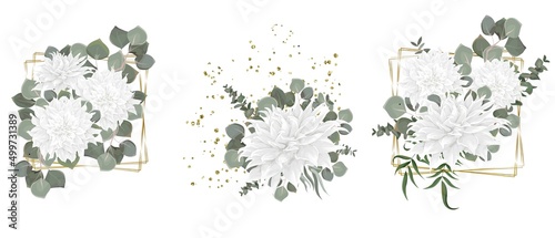 Vector flower set for wedding design. White dahlia, eucalyptus, plants, leaves, golden elements. Flowers on a white background