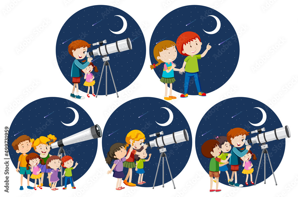 Fototapeta premium Set of different kids looking through telescope at night