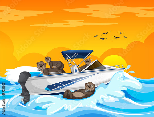 Ocean scene with group of beavers on speedboat