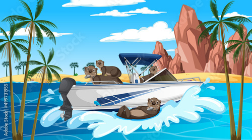 Ocean scene with group of otters on speedboat