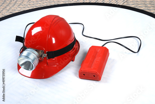 Helmet with a light above it, this helmet is specifically for mining workers who work underground as a light